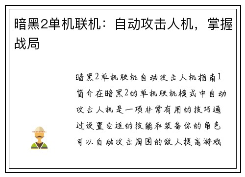 暗黑2单机联机：自动攻击人机，掌握战局