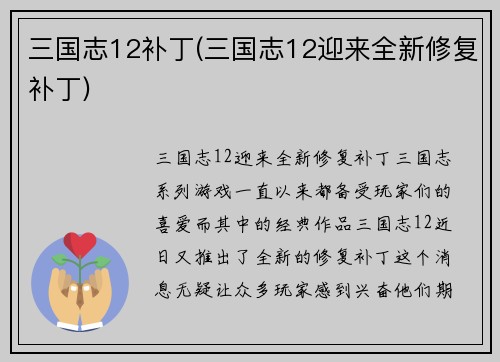 三国志12补丁(三国志12迎来全新修复补丁)