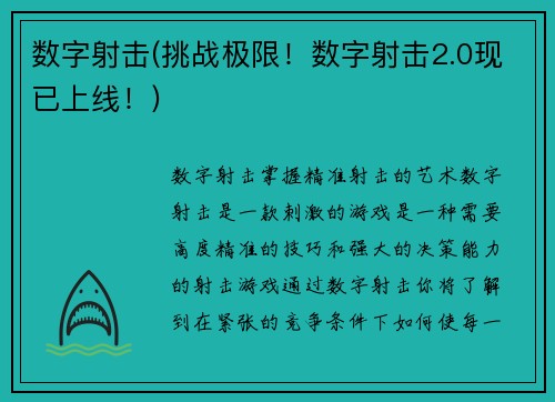 数字射击(挑战极限！数字射击2.0现已上线！)